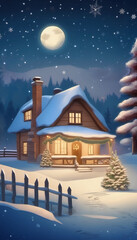 Naklejka premium Cozy winter cottage under a full moon with snow and pine trees in a night scene
