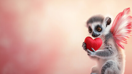 A cute lemur with red and white wings holding a red heart , set against a soft pink background flat surface. The design features ample blank space, making it perfect for a Valentine&rsquo;s Day gift card
