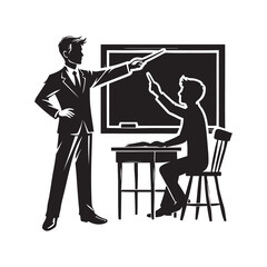 Teacher pointing at a blackboard silhouette vector black color design and solid white background 