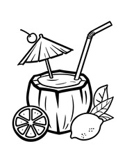 Fototapeta premium Tropical coconut cocktail line art for relaxing coloring book pages