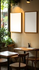 Empty Cafe Table With Two Blank Frames And Plants