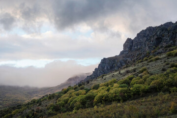 Rainy and foggy view at the mountain.