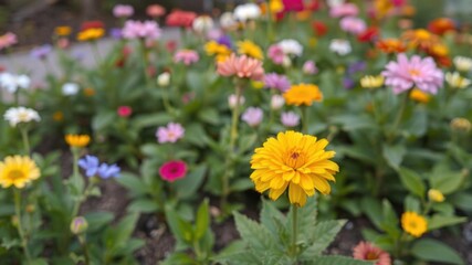 Obraz premium Vibrant Garden Scene Featuring Colorful Flowers in Various Shades Blooming in a Lush Green Setting Captured in a Close-Up Perspective