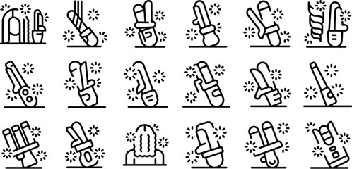 Hair curler icons set. Hairdressers using curling iron to style client's hair, creating beautiful curls and waves with sparks