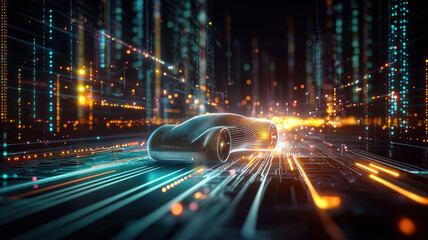 Fototapeta premium Futuristic roadster on glowing circuit board with vibrant lights