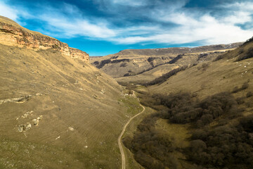 Beautiful aerial view of the mountain gorge. Landscape and nature of the North Caucasus