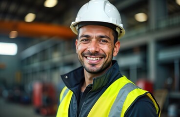 Smiling hispanic male mechanical engineer wears safety hard hat in metal factory. Pro, happy worker in manufacturing environment. Focused on camera. Factory worker looks friendly, confident.