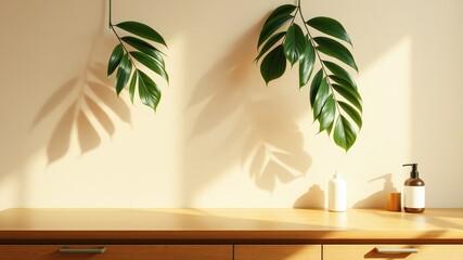 Fototapeta premium Sunlit Wooden Countertop with Tropical Leaf Shadows and Skincare Bottles