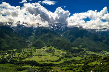 Fototapeta premium Aerial panorama of mountain peaks. Landscape and nature of the North Caucasus