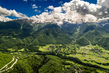 Aerial panorama of mountain peaks. Landscape and nature of the North Caucasus