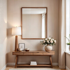 Minimal interior with a wooden console on a beige wall. A large wooden frame mirror or frame is mounted on the console. There is a lamp, mug, and vase with flowers on it.