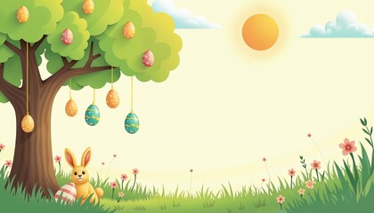 Easter scene with bunny, decorated eggs, and tree under sunny sky