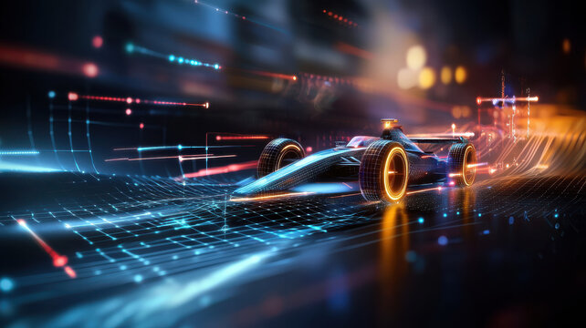 High performance racing car in digital circuit with vibrant lights