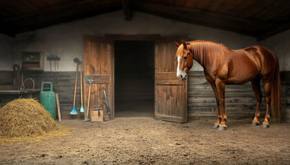 horse standing in clean stall with tools and hay nearby