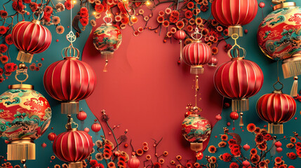 Obraz premium Chinese New Year greeting card, traditional festive theme, vibrant colors, rich red and gold details, detailed cultural elements, high-resolution illustration