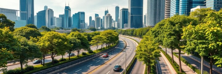 Obraz premium Urban Skyline with Lush Green Trees and Busy Road under Clear Blue Sky, Showcasing City Life and Modern Architecture in Metropolitan Area