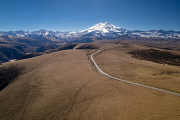 Beautiful view of the snowy peaks of Mount Elbrus. Landscape and nature of the North Caucasus