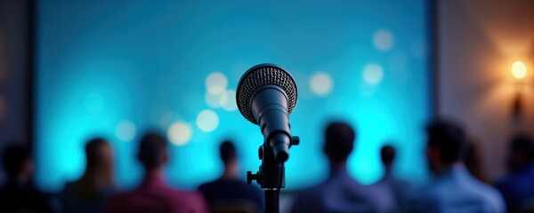 Public speaker at seminar room. Microphone in front of blurred audience. Tech background with bright light. Seminar, training, briefing event in progress. Pro meeting education. People listen to