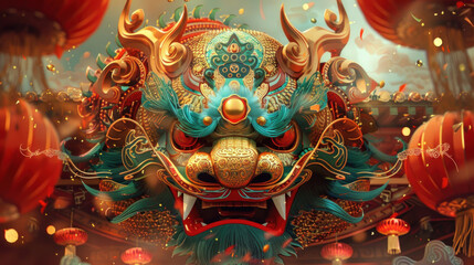 Chinese New Year illustration, traditional festive theme, vibrant colors, rich red and gold details, detailed cultural elements, high-resolution illustration