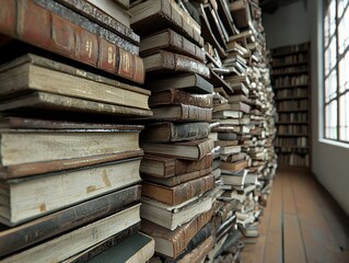 Obraz premium Stacked antique books create a rich literary atmosphere indoors.