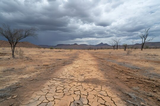 Cracked dry earth road leading into a vast desert landscape under storm clouds