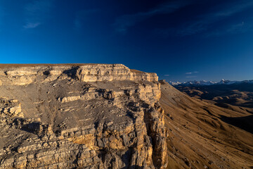 Beautiful aerial view of a mountain range with high cliffs. Landscape and nature of the North Caucasus