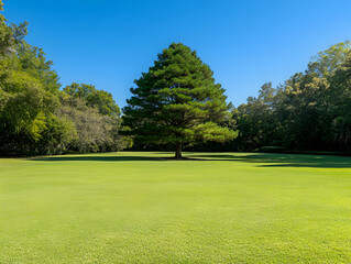 Lush Green Lawn with Majestic Pine Tree