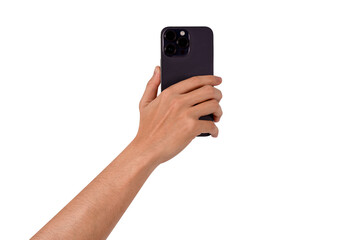 Rear view hand holding smartphone isolated. Business, Finance and Technology concept. Premium high quality image.