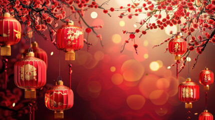 Chinese New Year lanterns, traditional festive theme, vibrant colors, rich red and gold details, detailed cultural elements, high-resolution illustration