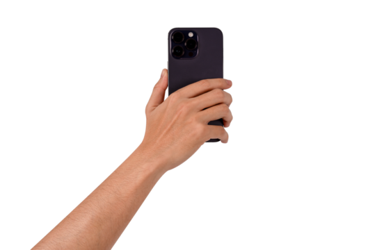 Rear view hand holding smartphone isolated. Business, Finance and Technology concept. Premium high quality image.