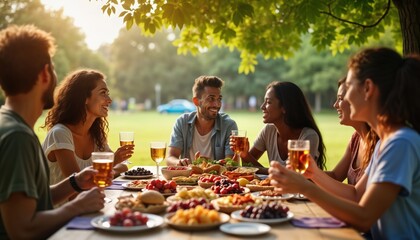 Fototapeta premium Group of young multicultural friends enjoying outdoor lunch in community park. Friends smiling, chatting eating food, drinks. Casual attire, happy atmosphere. Sunny day with nature background. Fun,