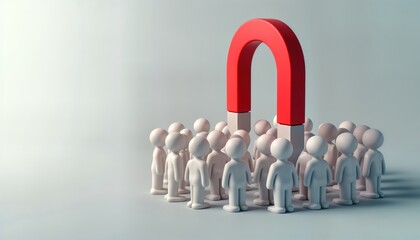 Small figures form crowd around large red horseshoe magnet. Magnet draws attention, seems to attract people. Illustration shows strong attraction concept. Concept could sales strategy marketing