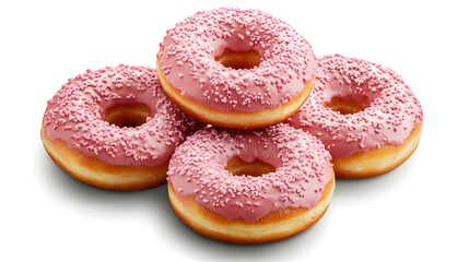 Pink donuts with sprinkles stacked on white background