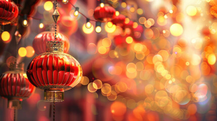 Fototapeta premium Chinese New Year lanterns, traditional festive theme, vibrant colors, rich red and gold details, detailed cultural elements, high-resolution illustration