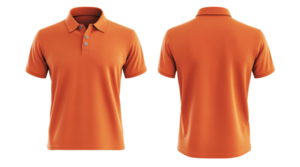 Blank orange polo t-shirt mockup. Front and backview on transparent background
