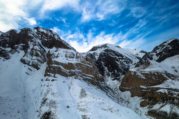 Aerial panorama overlooking mountain peaks. Landscape and nature of the North Caucasus