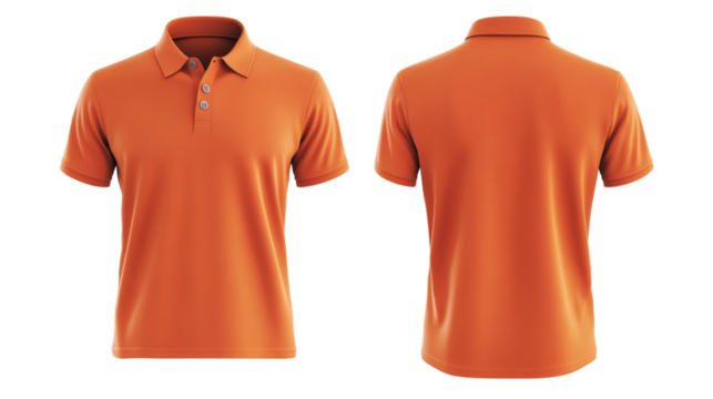 Blank orange polo t-shirt mockup. Front and backview on transparent background