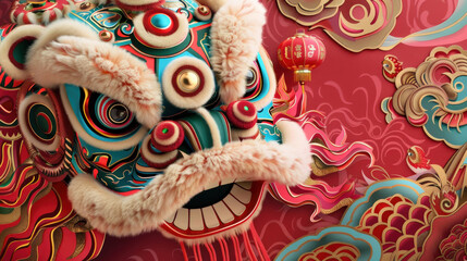 Chinese New Year lion dance performance, traditional festive theme, vibrant colors, rich red and gold details, detailed cultural elements, high-resolution illustration