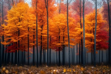 Fototapeta premium Misty autumn forest with vibrant orange and red foliage.