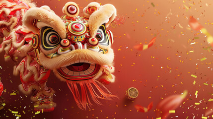 Fototapeta premium Chinese New Year lion dance performance, traditional festive theme, vibrant colors, rich red and gold details, detailed cultural elements, high-resolution illustration