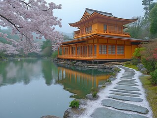 Fototapeta premium Golden temple, cherry blossoms, spring, misty pond.