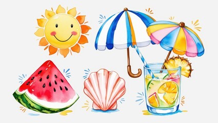 Summer Fun Watercolor Sun Watermelon Drink Shells Umbrellas