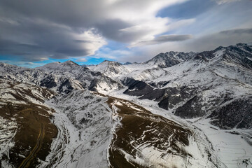 Aerial panorama overlooking mountain peaks. Landscape and nature of the North Caucasus