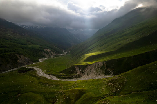 Beautiful aerial view of the mountain gorge. Landscape and nature of the North Caucasus - Powered by Adobe