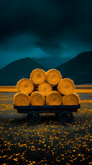Hay Bales on Cart, Dark Landscape Illustration