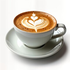 Obraz premium Hot latte art coffee in white cup on saucer. Beautiful latte art design. Enjoyable hot drink. Perfect breakfast or cafe drink. Isolated on white background. Close-up view.