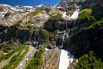 Aerial panorama overlooking mountain peaks. Landscape and nature of the North Caucasus