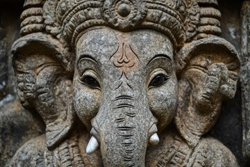 Fototapeta premium Ancient stone statue of ganesha, remover of obstacles, embodies wisdom and power