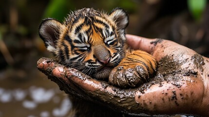 Obraz premium Close-up of a tiger cub resting in a muddy hand, showcasing detailed fur, wet soil, and a compassionate connection