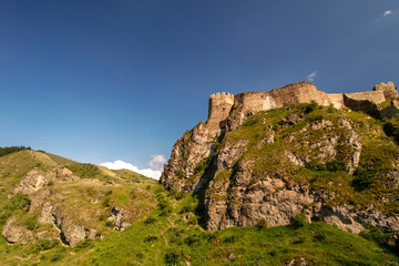 Beautiful aerial view of a mountain range with high cliffs. Landscape and nature of the North Caucasus